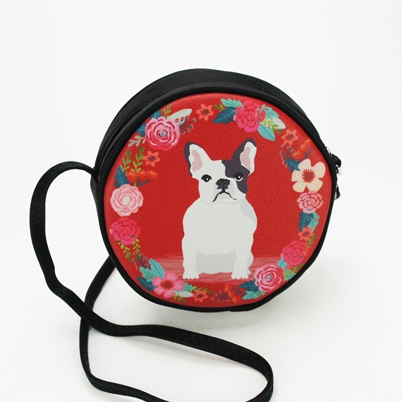 Ashley M - Floral French Bulldog Circular Crossbody Bag  P87855UB - กระเป๋าแมสเซนเจอร์ - หนังเทียม สีแดง