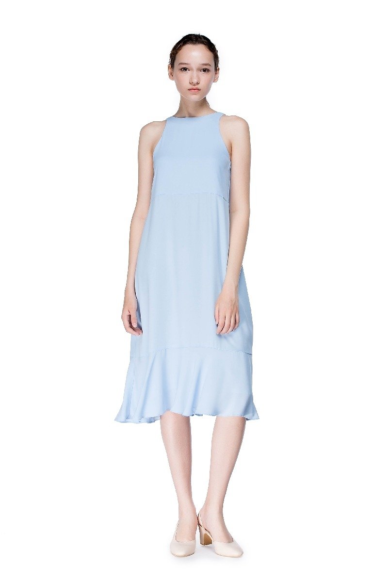 粉藍色小圓領荷葉邊長裙 - 裙子/長裙 - 聚酯纖維 藍色
