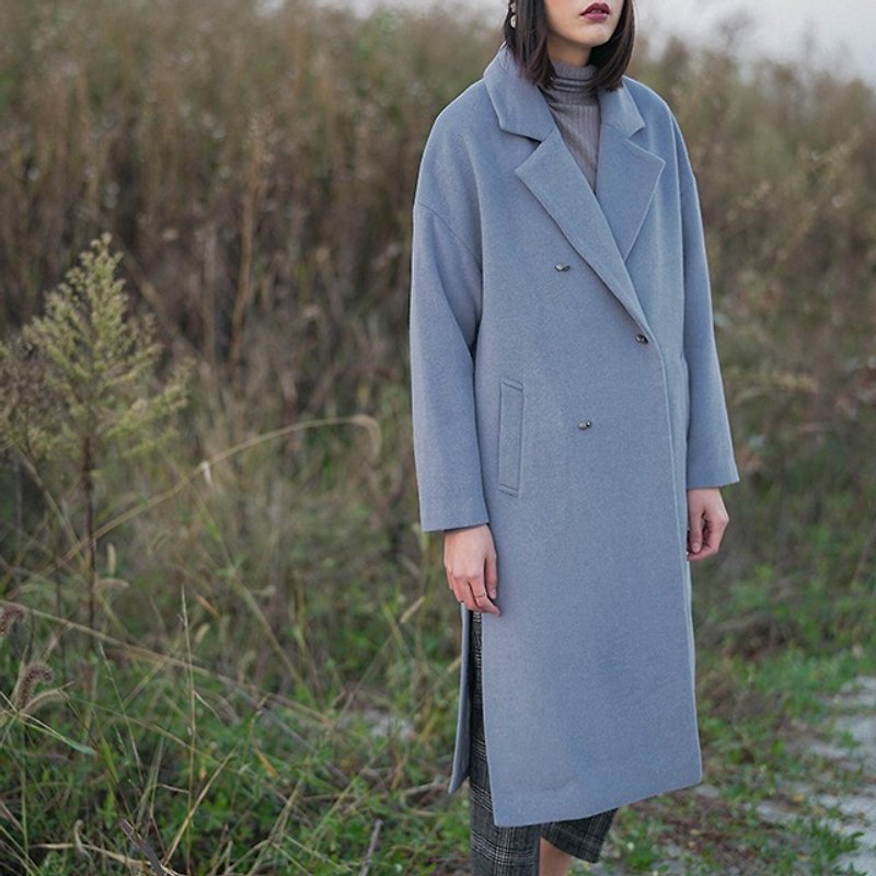 Gray-blue double-breasted wool coat, minimalist, double-open, loose silhouette, long coat, autumn and winter coat - เสื้อแจ็คเก็ต - ขนแกะ สีน้ำเงิน