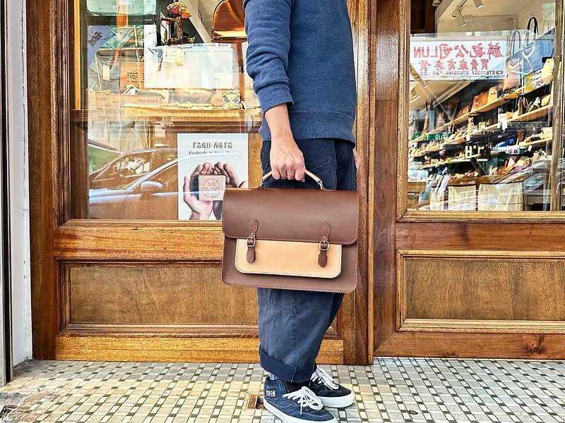 Color Block British Cambridge Bag (L) Leather DIY Material Bag Good Stitch Side Back Handbag Briefcase - เครื่องหนัง - หนังแท้ สีนำ้ตาล