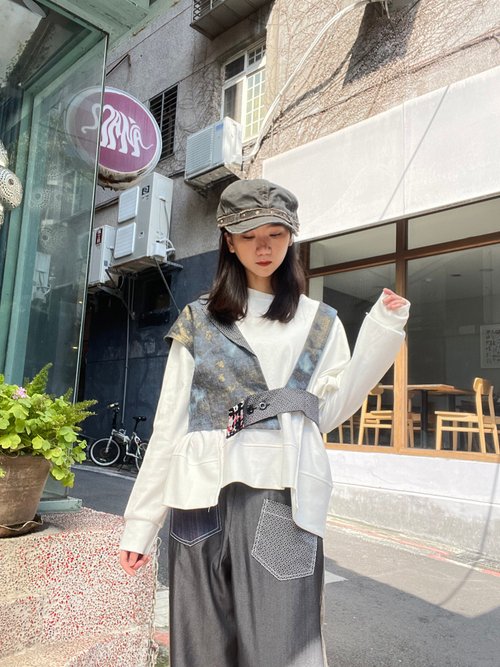 MANA嗎哪服飾 藍金 - 和風拼布牛仔背心 #U3016