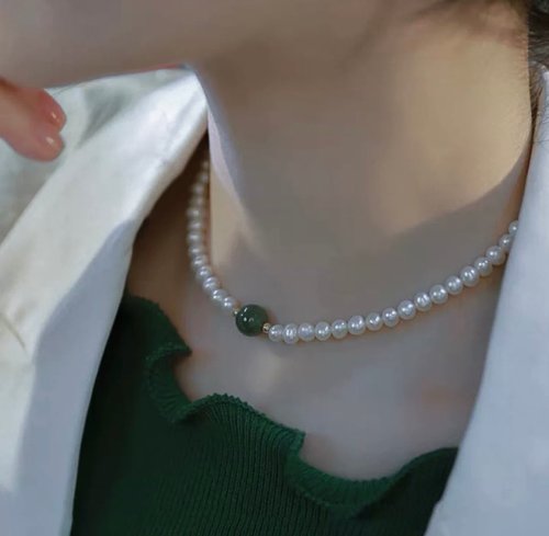 YuanPearl園珍手作 YuanPearl天然極光近圓珍珠和田玉搭配珍珠項鍊新中式風格