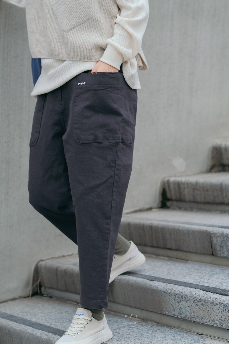 WWWLarge side pockets, elastic tapered trousers, unisex trimmed trousers - 2 colors - elastic gray - กางเกงขายาว - ผ้าฝ้าย/ผ้าลินิน สีเทา