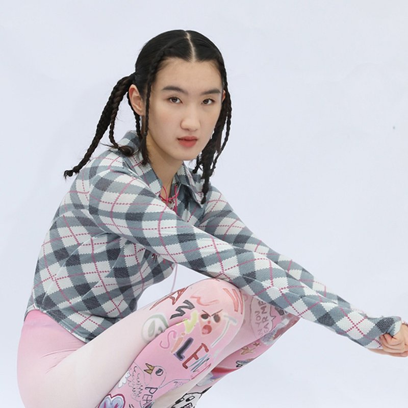復古菱形格 深V高叉抽繩連體衣 兩色入 - 女 T 恤 - 聚酯纖維 