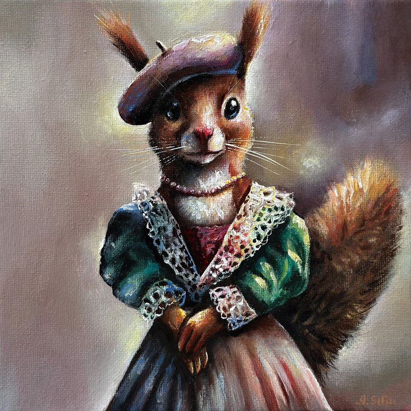Original painting Squirrel, Red squirrel wall decor, Forest art, Cute animals - 壁貼/牆壁裝飾 - 棉．麻 多色