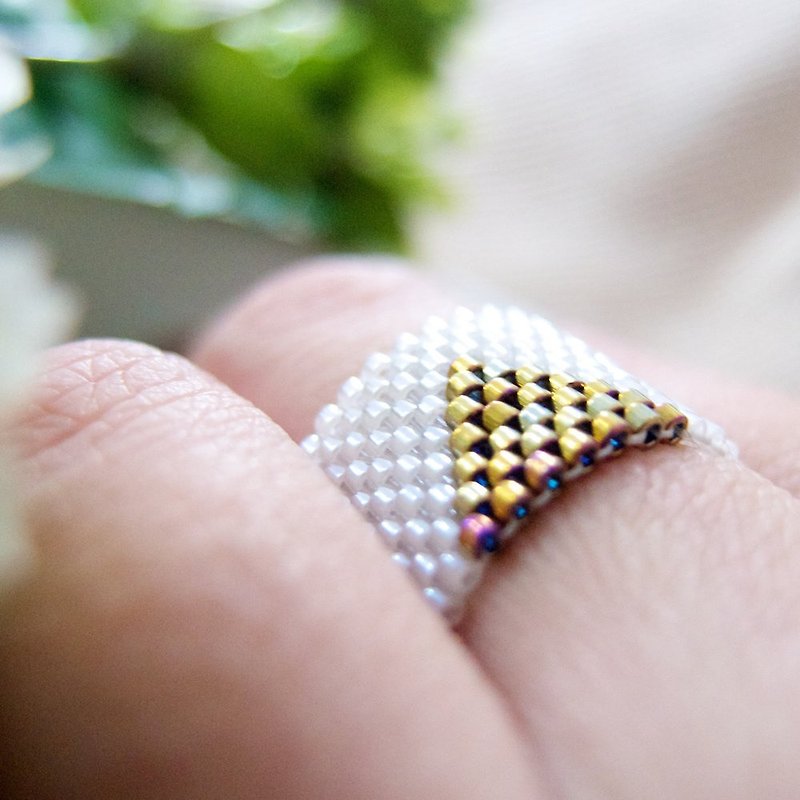 White Triangle Ring, Beaded White Ring, Gold Triangle Ring, Geometric Ring, Dreadlock Bead - General Rings - Glass White