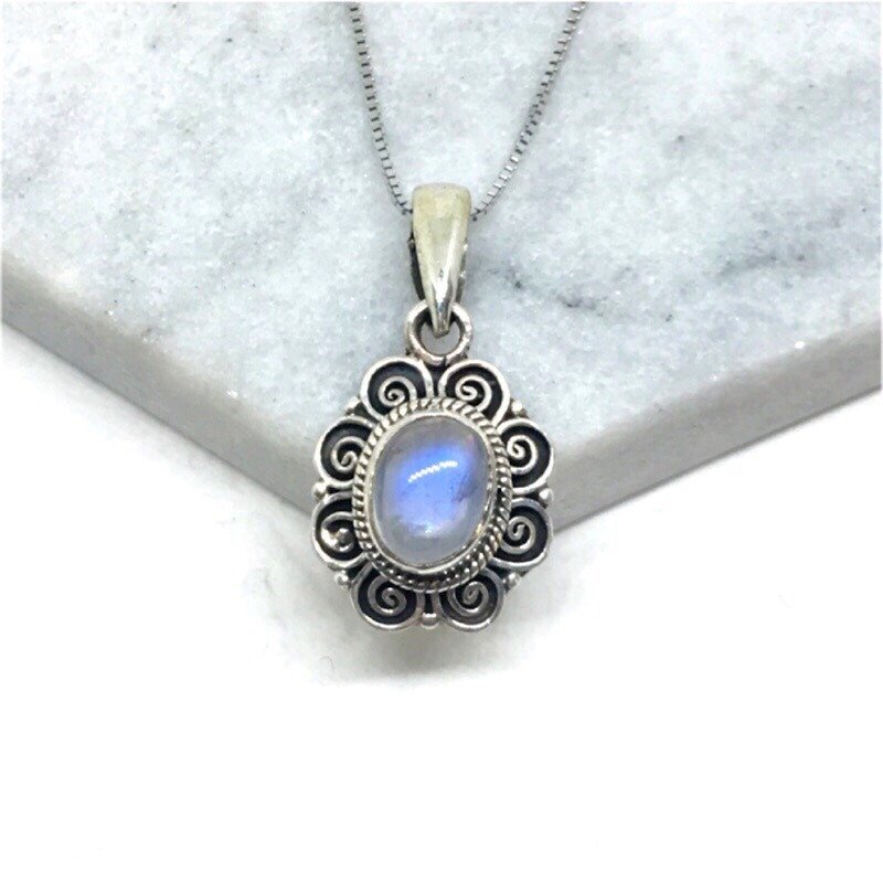 月光石925純銀花朵款項鍊 尼泊爾手工鑲嵌製作 - 項鍊 - 寶石 藍色