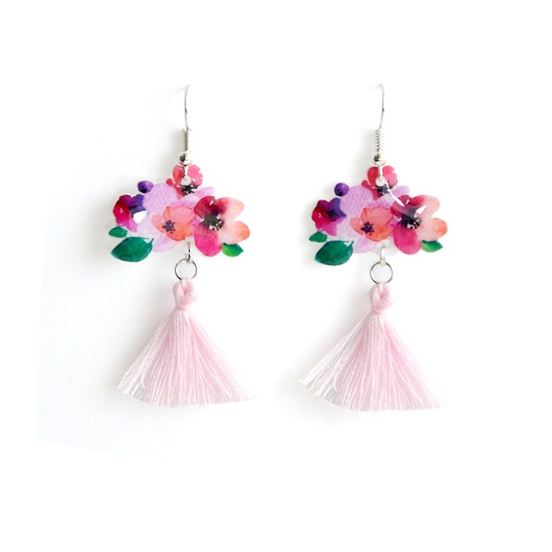 Flower Earrings Girl Sen Department aesthetic Xian Qi long section of the ear clip gift - Earrings & Clip-ons - Other Metals Pink