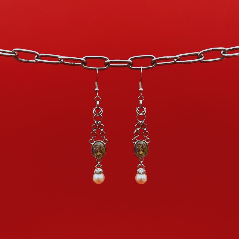 MrR手作不鏽鋼圈S925銀鉤聖潔家庭珍珠吊墜吊掛式耳環一對 - 耳環/耳夾/耳骨夾 - 不鏽鋼 銀色