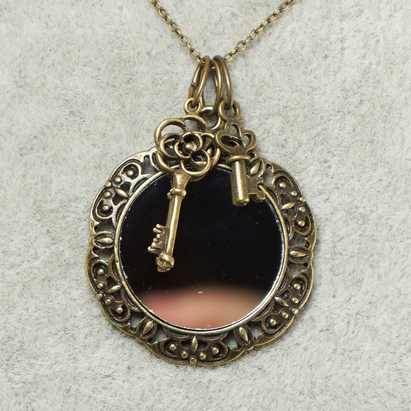 Evil Eye Glass Mirror Bronze Protection Amulet Charm Pendant Necklace Jewelry - สร้อยคอ - แก้ว สีกากี