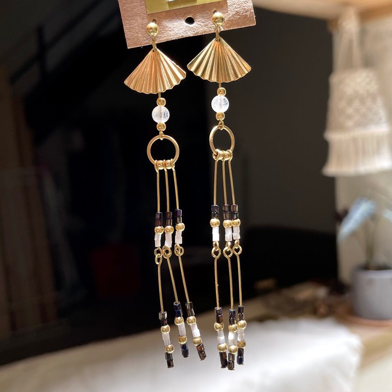 Laolin Groceries | White Moonlight Glass Tassel Earrings (Pin/ Clip) - Earrings & Clip-ons - Other Metals Gold