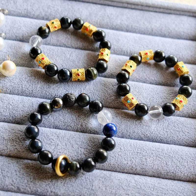 藏韻流金丨招財避邪增強洞察力丨藍虎眼鷹眼石藏式鎏金轉運珠丨彌 - 手鍊/手環 - 水晶 黑色