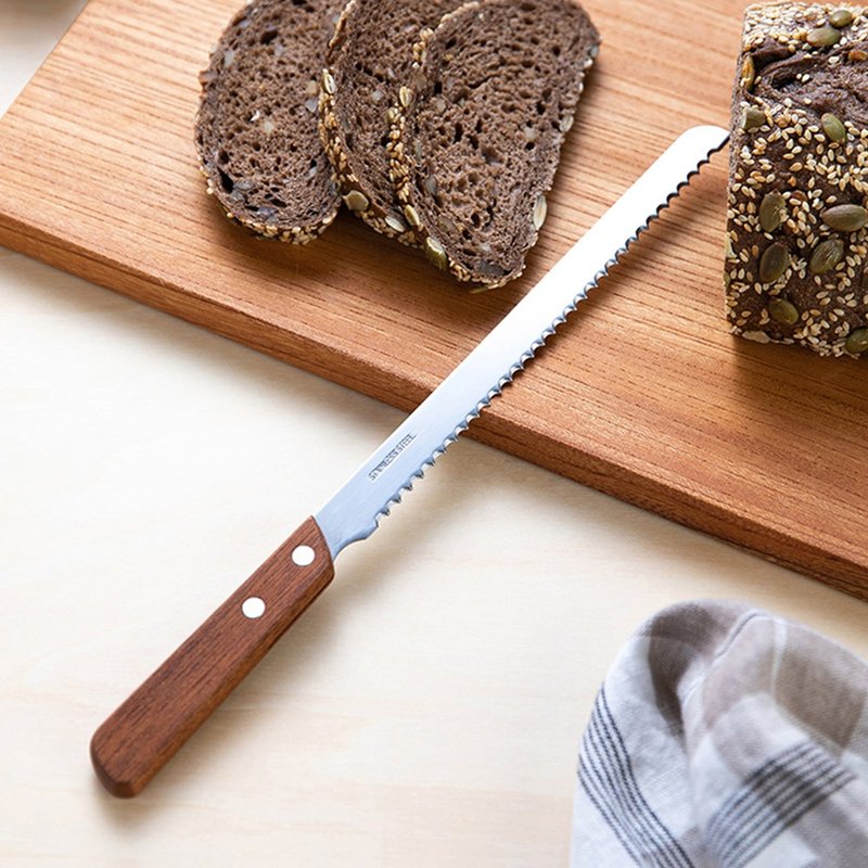 Japanese frost mountain wooden handle Stainless Steel bread knife/toast knife/serrated cake knife - มีด - สแตนเลส สีนำ้ตาล