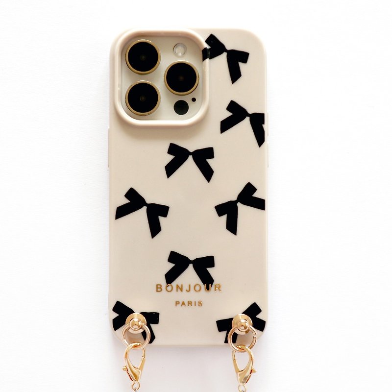 iPhone15/14/13/12 Paris milky black bow small fragrant pearl chain mobile phone case - เคส/ซองมือถือ - พลาสติก สีกากี