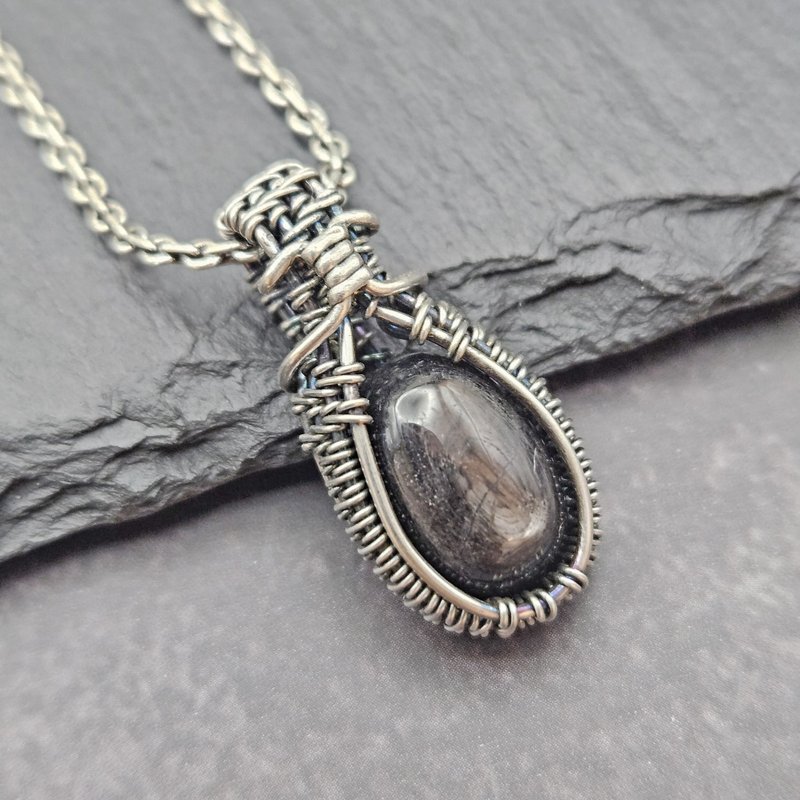 Hypersthene Wire Wrapped Pendant , Silver , Oxidized - สร้อยคอ - เงินแท้ สีดำ