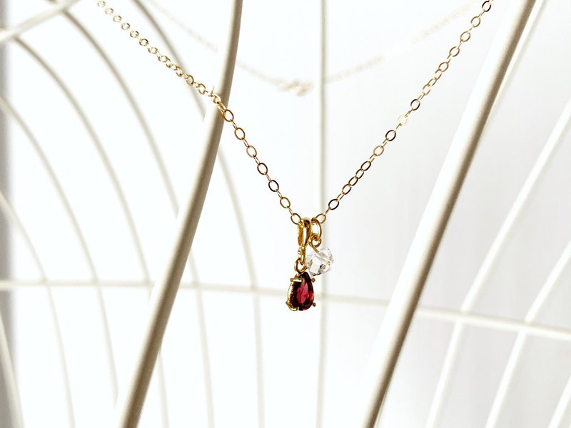 1月と4月誕生石 人間的成長をサポート・ロードライトガーネットとハーキマーダイヤモンド・ネックレス(K14GF) - 項鍊 - 半寶石 紅色