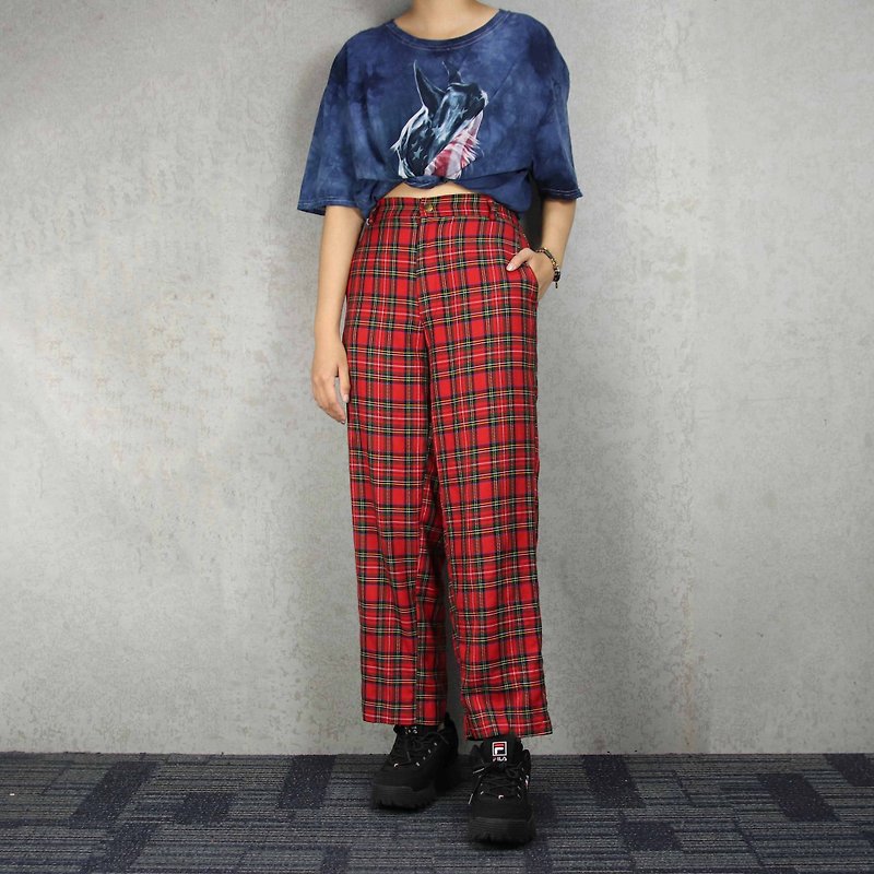 Tsubasa.Y Vintage Plaid Trousers 013, Vintage Plaid Trousers Check - Women's Pants - Cotton & Hemp 