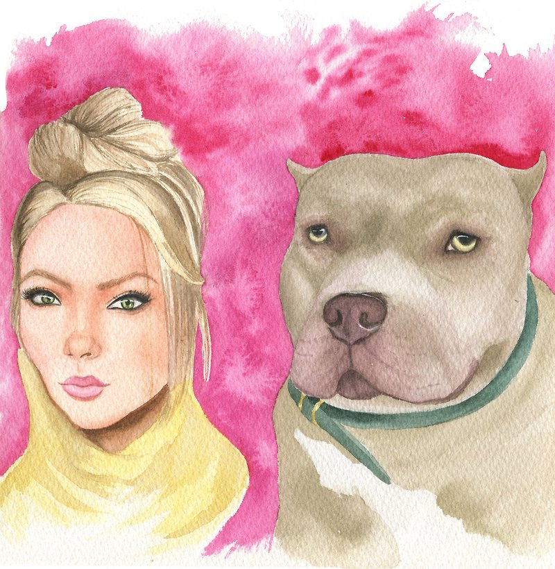 Customized watercolor portrait of pet and owner, custom illustration, 生日礼物, 宠物画像