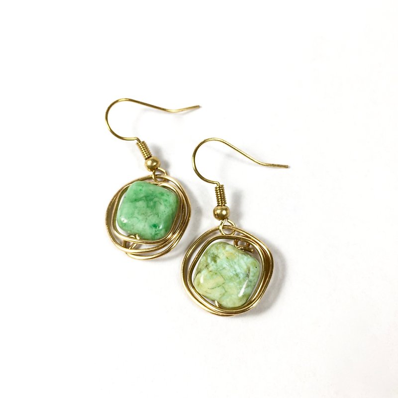 Green pine wound natural stone hand made earrings - Earrings & Clip-ons - Other Metals Green