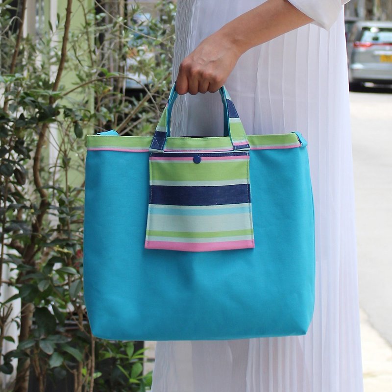 2x2BAG double-sided cloth bag | color blue horizontal canvas + blue canvas - Messenger Bags & Sling Bags - Cotton & Hemp Blue