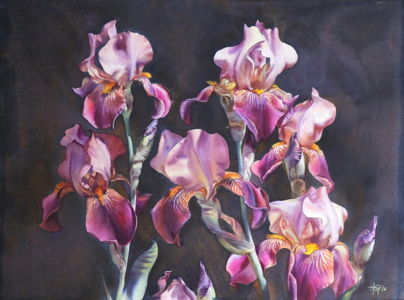 Irises original watercolor handmade painting by artist Irina Zhunaeva - 壁貼/牆壁裝飾 - 紙 多色