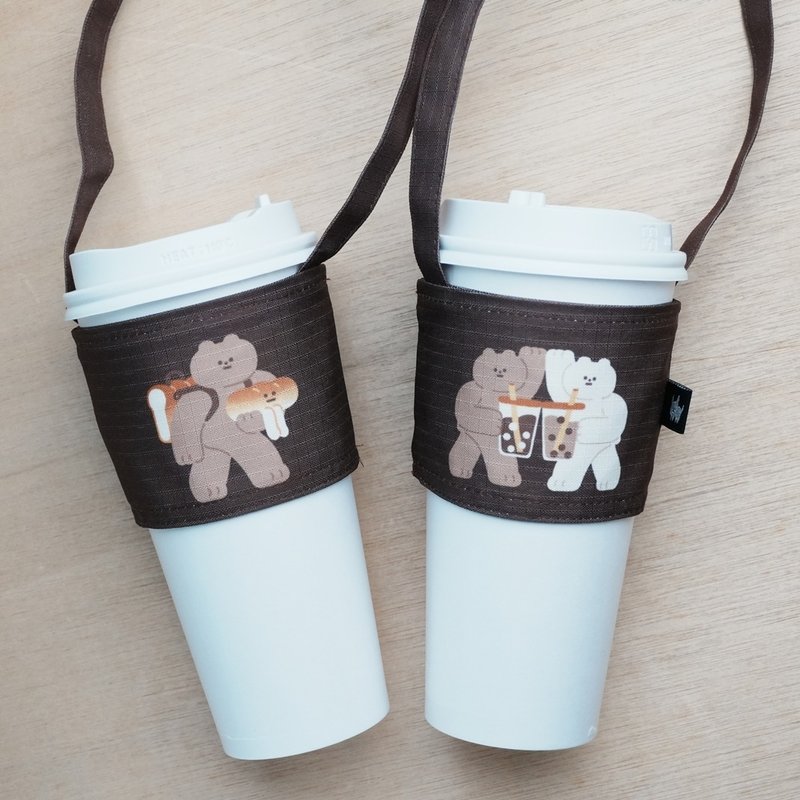 防潑水 雙面圖案 飲料杯套 - 麵包熊珍奶 - 飲料提袋/杯套 - 聚酯纖維 咖啡色