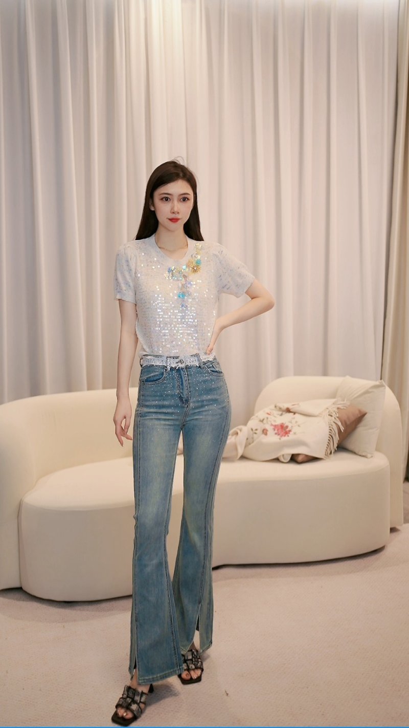 SOLELEGIA HIGH WAIST SLIM DENIM FLARED PANTS - กางเกงขายาว - วัสดุอื่นๆ สีน้ำเงิน