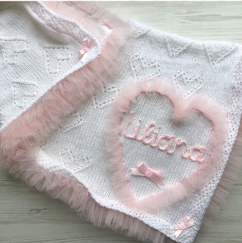 V.I.Angel White blanket with pink tulle and baby name.