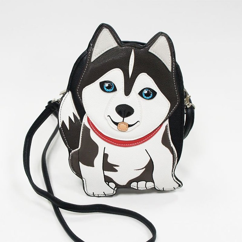 Sleepyville Critters - husky dog Crossbody Bag - Messenger Bags & Sling Bags - Faux Leather Black