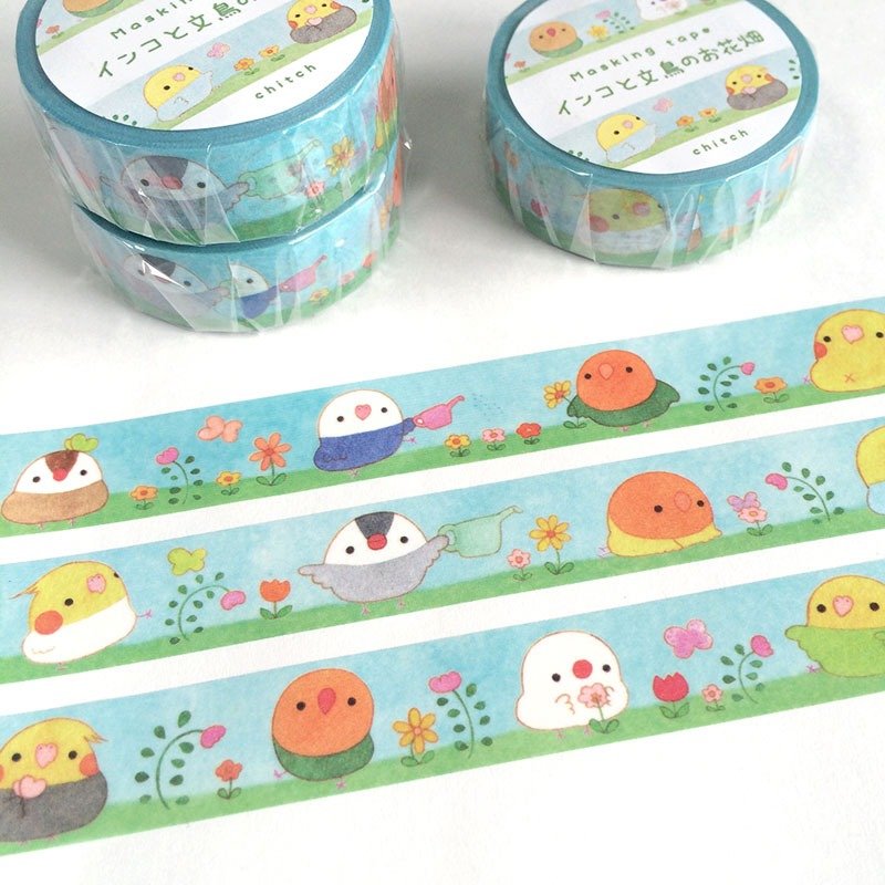 マスキングテープ　インコと文鳥のお花畑 - 紙膠帶/和紙/PET - 紙 多色