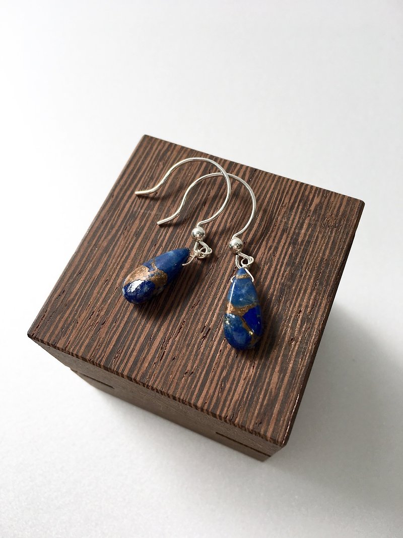 Copper indigo blue turquoise Hook-earring 14 kgf, Clip-earring - ต่างหู - หิน สีน้ำเงิน
