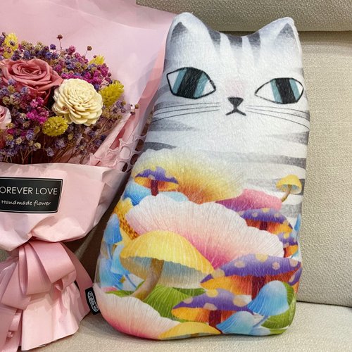 印樂網圓夢館 【Flora原創設計】菇喵 | 20*35cm 喵形抱枕(棉花充填)