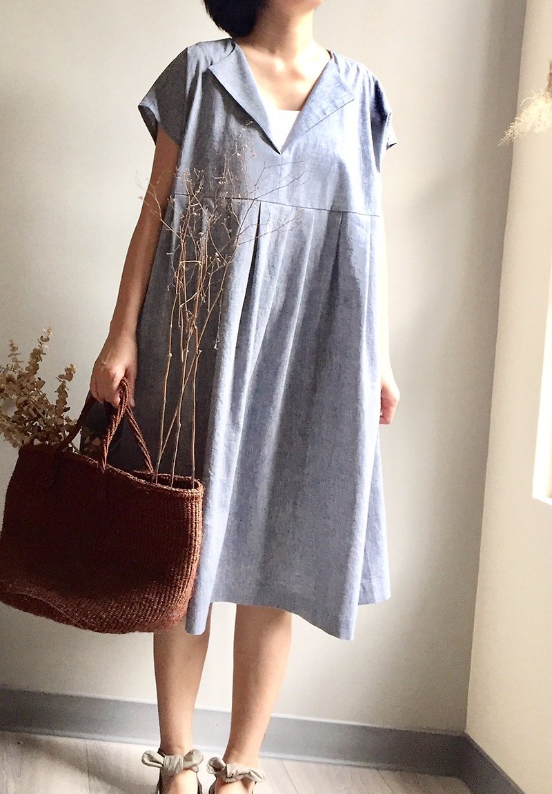 *Quiet daylight*Low-key gray-blue open-style French-style sleeve baby clothes - One Piece Dresses - Cotton & Hemp Gray