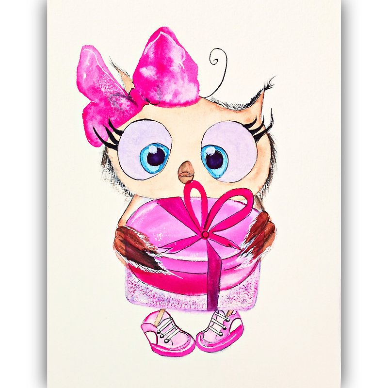 水彩画のオリジナルの動物の部屋の装飾 フクロウのアートワーク 妖精のイラスト 絵画 - ポスター・絵 - 紙 ピンク