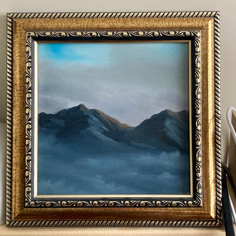 Mountains Oil Painting On Canvas Art Original Framed Artwork Clouds Sky 布面油画 布面油 - 壁貼/牆壁裝飾 - 棉．麻 藍色