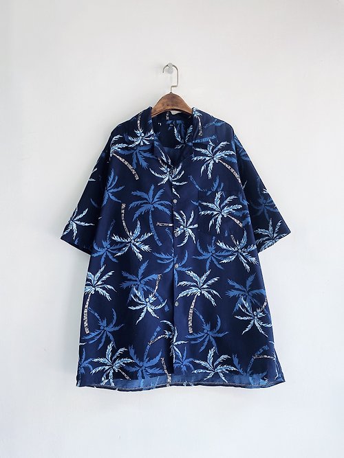 河水山 夏季深藍椰子樹蔭紋 古著夏威夷襯衫上衣 vintage Aloha Shirt