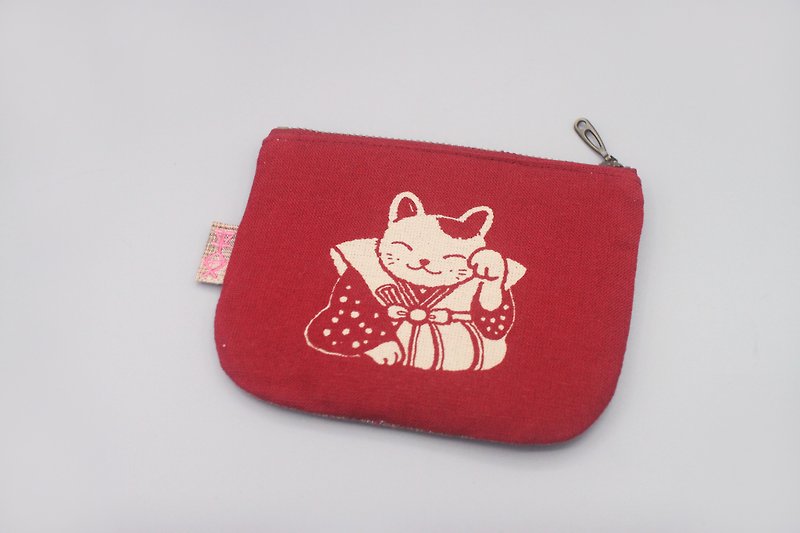 Ping An Xiaole Wallet-Japanese Lucky Cat (Cat Ancient Cloth Series), Japanese Cloth - Wallets - Cotton & Hemp Red