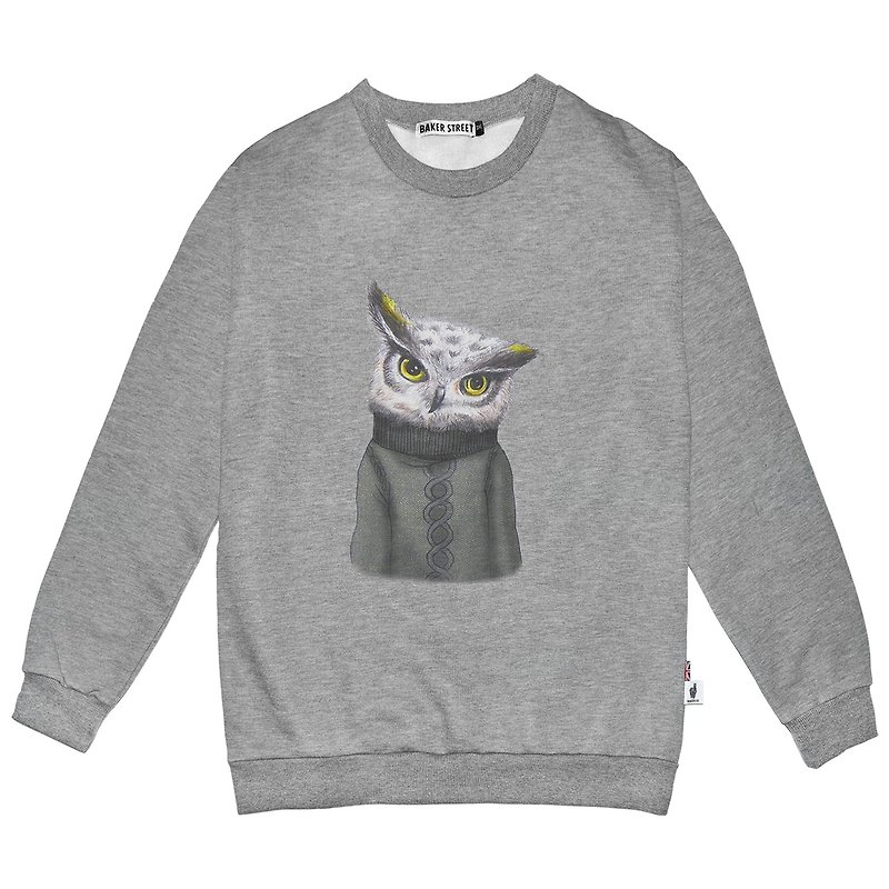 British Fashion Brand -Baker Street- Owl Printed Sweatshirt - เสื้อฮู้ด - ผ้าฝ้าย/ผ้าลินิน สีเทา