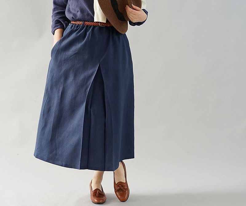 wafu Linen skirt / bottom / long length / tuck / navy sk18-4 - Skirts - Cotton & Hemp Blue