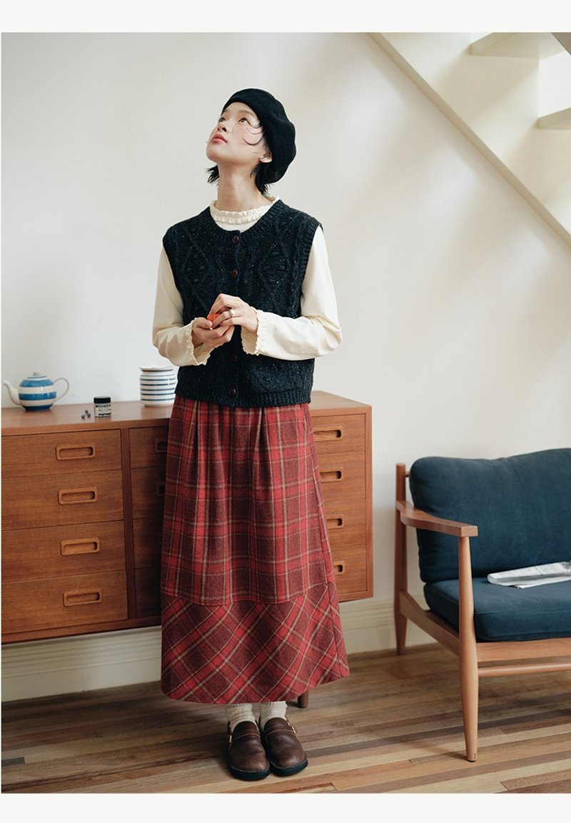 Wool blended plaid skirt elastic waist literary Japanese style - กระโปรง - ขนแกะ สีน้ำเงิน