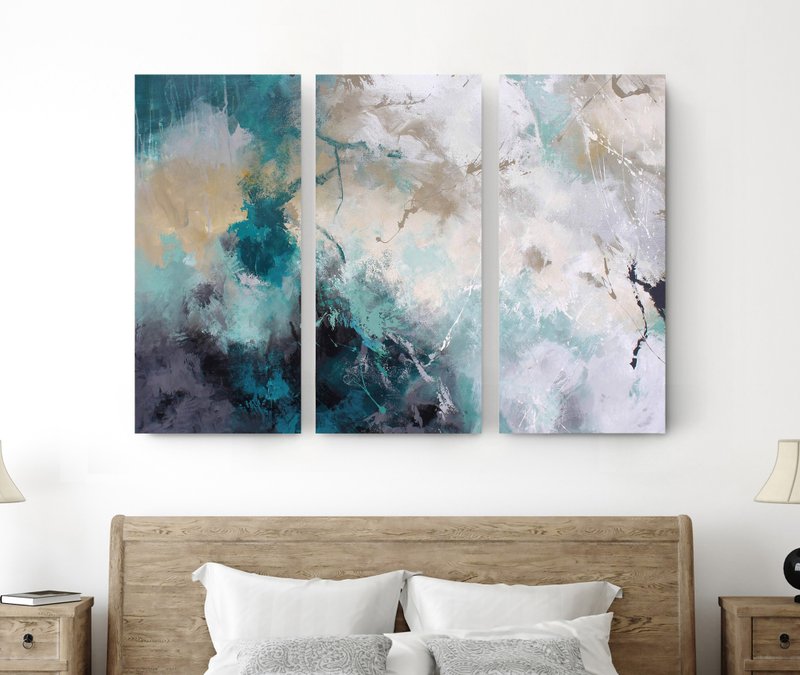 Turquoise Painting | Turquoise Abstract Triptych Wall Art | Sandstorm Triptych - 壁貼/牆壁裝飾 - 棉．麻 藍色