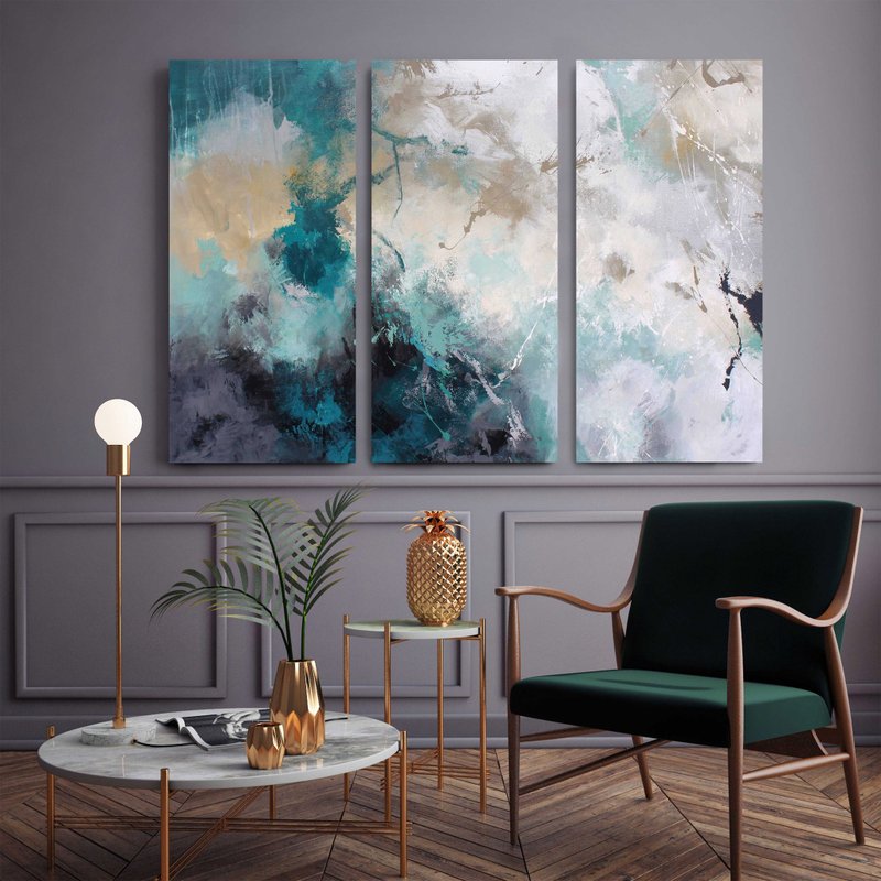 Turquoise Painting | Turquoise Abstract Triptych Wall Art | Sandstorm Triptych - 壁貼/牆壁裝飾 - 棉．麻 藍色