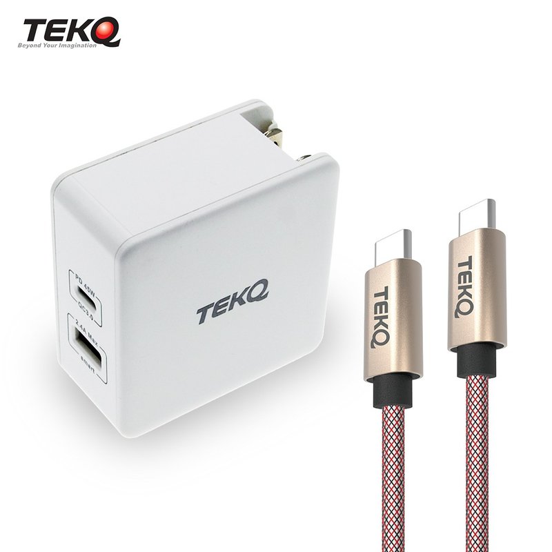 TEKQ2孔 57W USB-C/USB PD QC 旅充+TEKQ 蘋果MFi快充傳輸線120cm - 行動電源/充電線 - 其他材質 白色