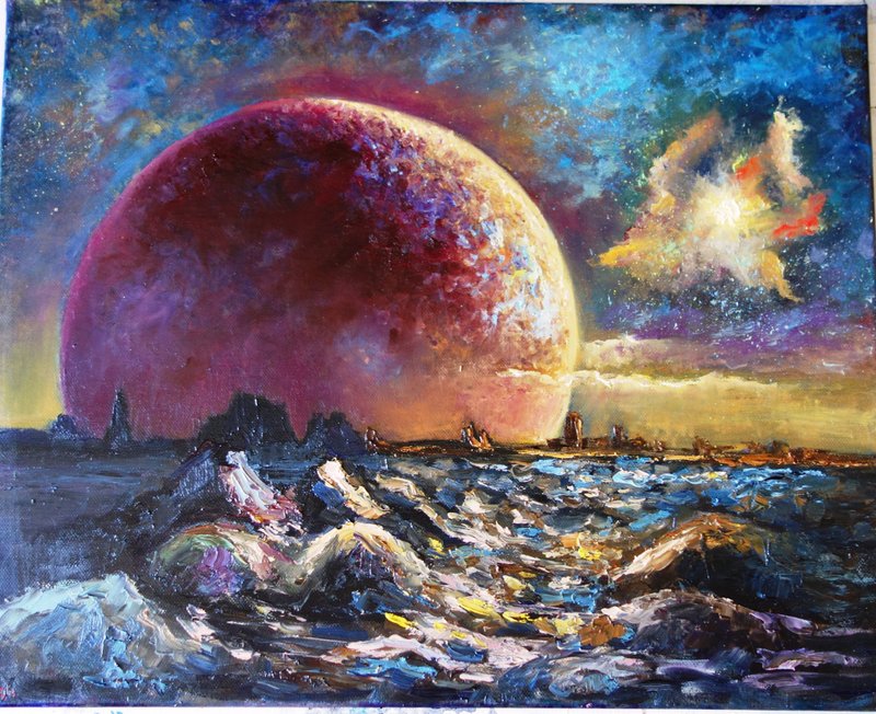 Galaxy Painting Oil Full Moon Landscape Original Art Artwork Impasto Canvas Art - 海報/掛畫/掛布 - 顏料 多色