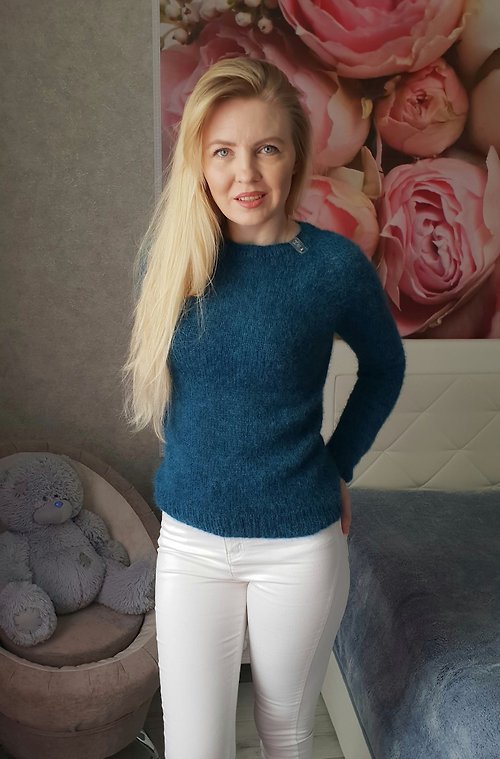 Knitwear by Alena Pavliuk Delicate knitted jumper made of Italian kid mohair in petrol color