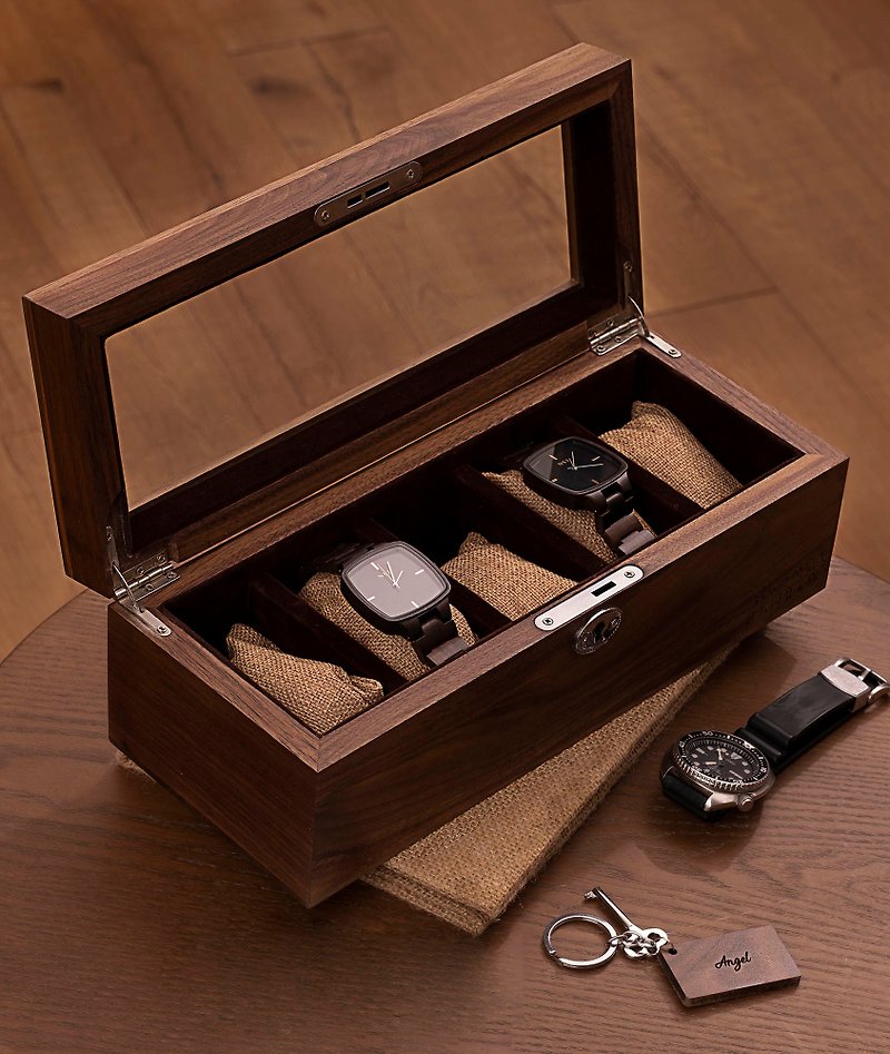 Personalized 5 Slots Walnut Wood Watch Box - Couples' Watches - Wood 