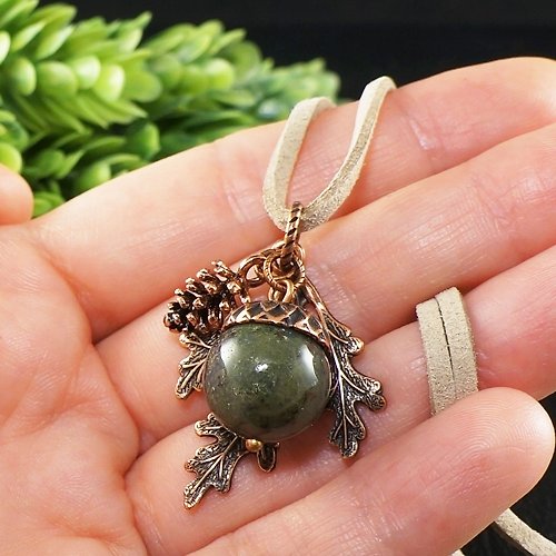 AGATIX Green Agate Copper Acorn Pine Cone Oak Leaf Forest Pendant Necklace Jewelry Gift
