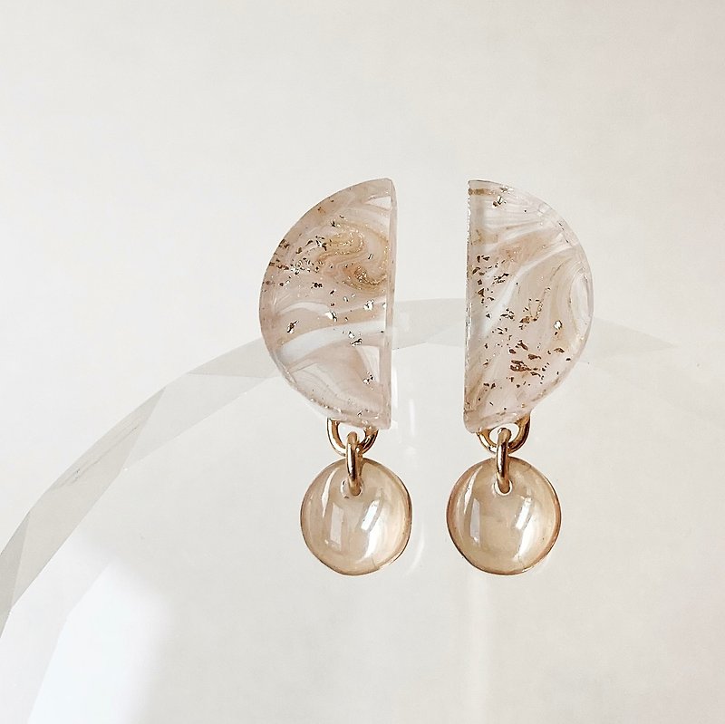 Marble half moon Czech bead earrings/ Clip-On - Earrings & Clip-ons - Resin Pink