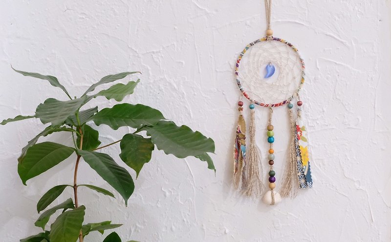 Handmade Dreamcatcher  with aroma stone in Japanese style - Blue Magatama - Items for Display - Cotton & Hemp Red
