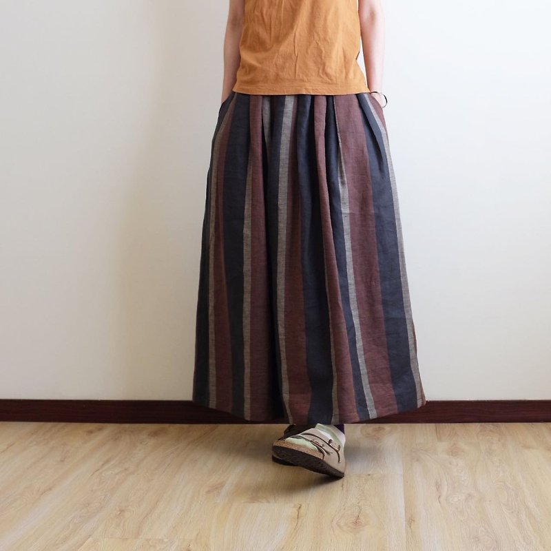 Daily hand-made suit natural forest striped pleated long skirt linen cotton - Skirts - Cotton & Hemp Multicolor